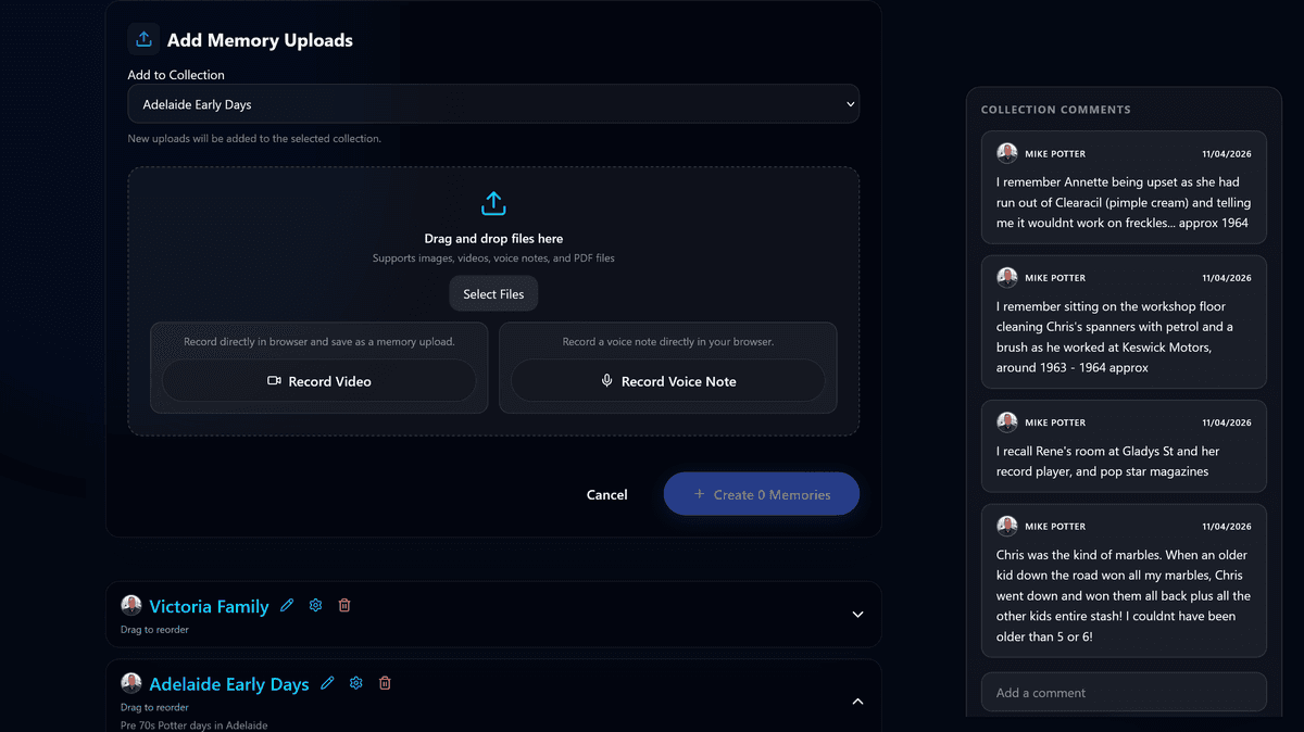 Add memories — drag and drop, record video or voice